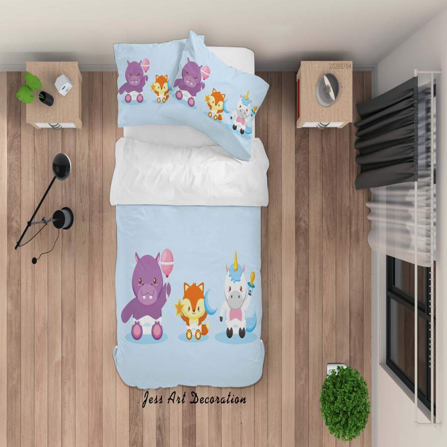 3D Blue Fox Hippo Unicorn Quilt Cover Set Bedding Set Duvet Cover Pillowcases SF85