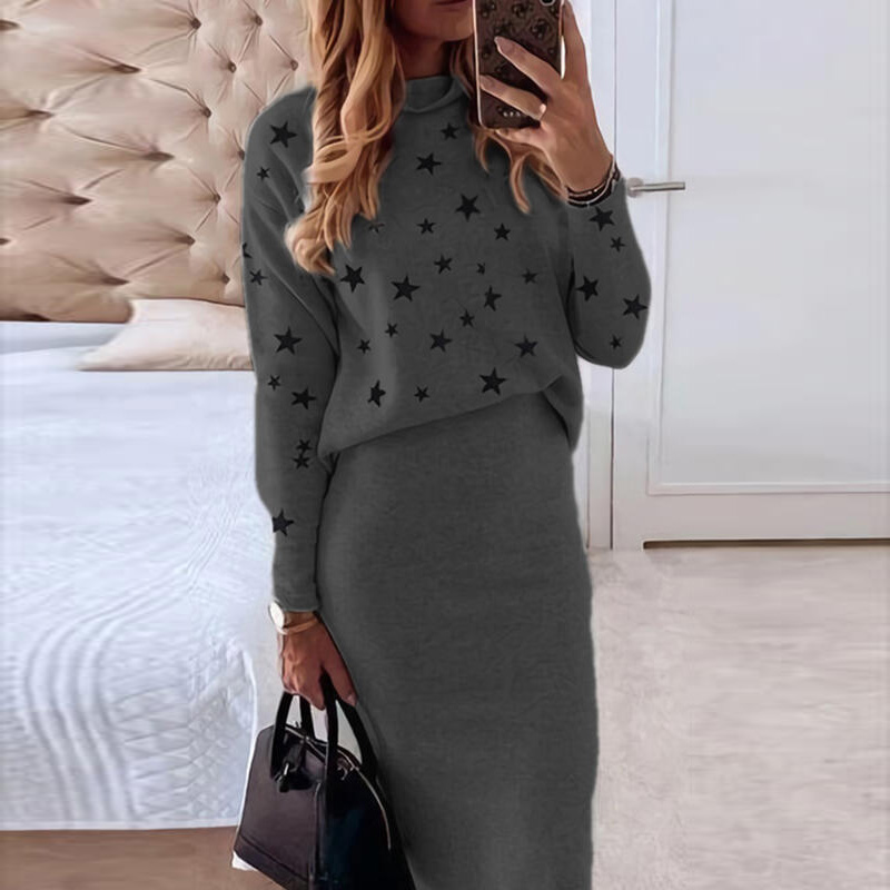 Vintage Women Skirts Set Autumn Fashion O Neck Print Long-sleeved Pullover Sweatshirt and Bodycon Skirt Outfits Two Piece Sets alx