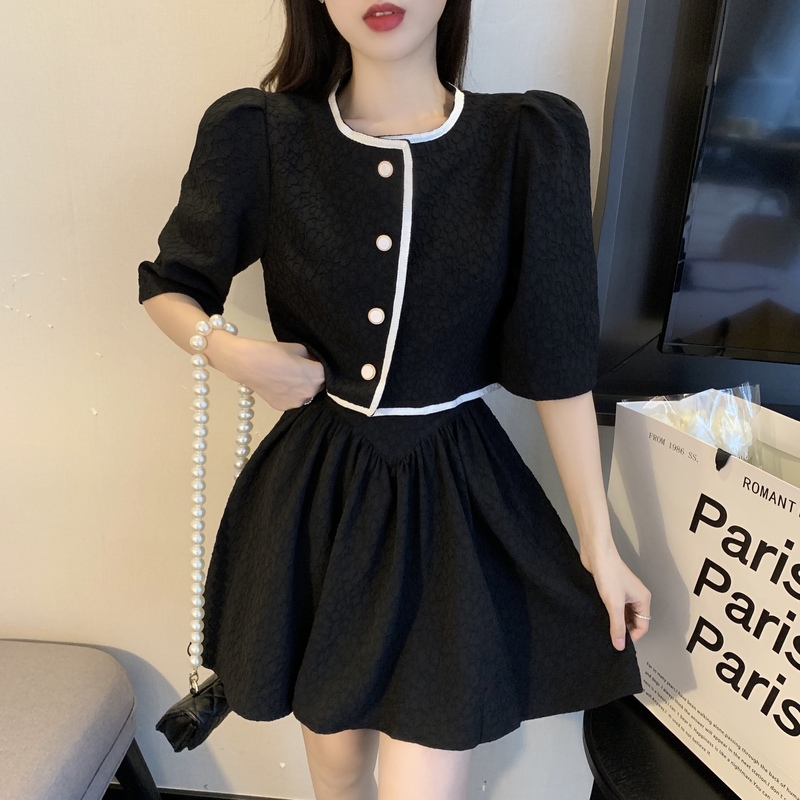 Two Piece Set Single Breasted Puff Sleeve Jacket Top + High Waist Slim Skirts Suits Small Fragrance Women’s Outfits Summer New alx