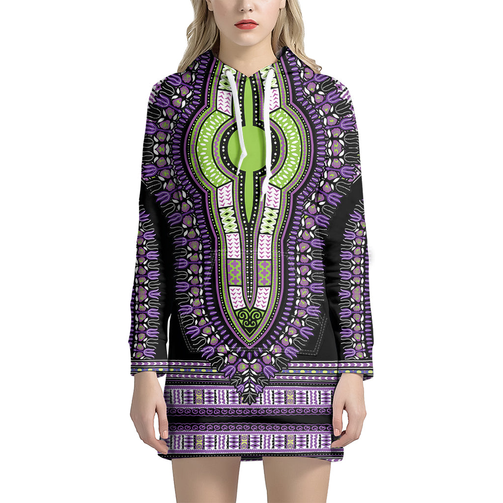 Black And Purple African Dashiki Print Women’S Pullover Hoodie Dress