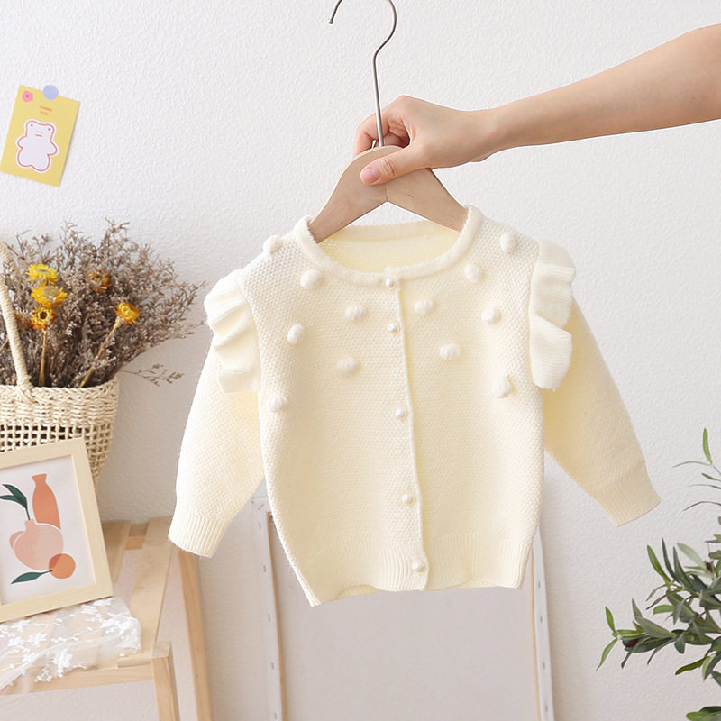 Children’s Sweater Jacket Solid Color Spring and Autumn Baby Round Neck Girls Wool Ball Sweater Casual Cardigan Coat Pink Beige alx