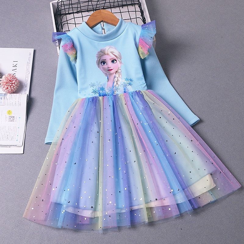 2022 New Princess Dress Girls Dress Spring and Autumn Dress Long-sleeved Children’s Western Style Elsa Frozen Dress 4-9Y alx