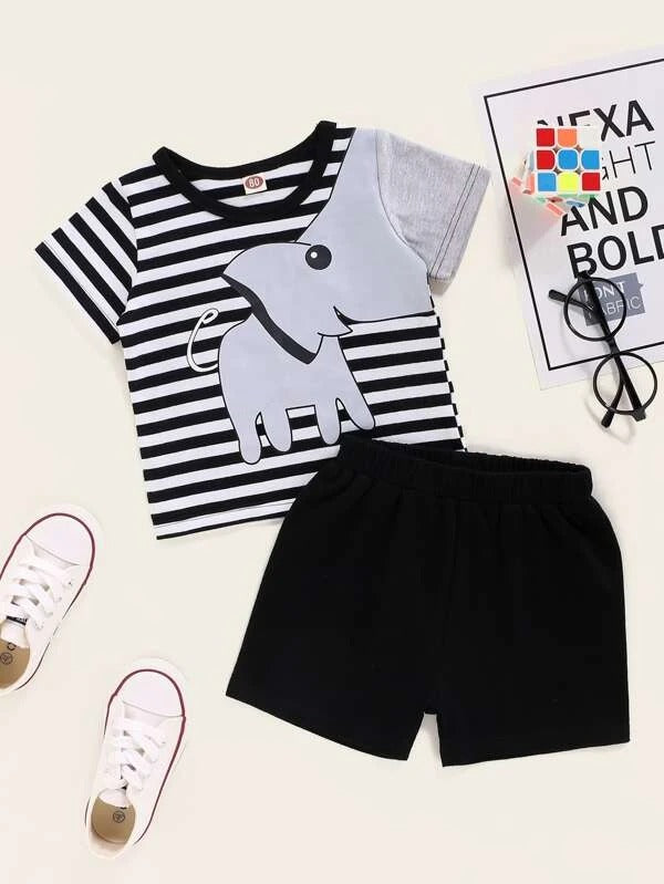 Baby Boy Stripe Elephant Print Tee With Track Shorts