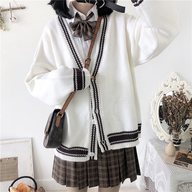 Cardigan Women Striped Retro Classic Preppy Style Japanese Student Sweater All-match Kawaii Fashion Girls Chic Knit Top Stretchy alx