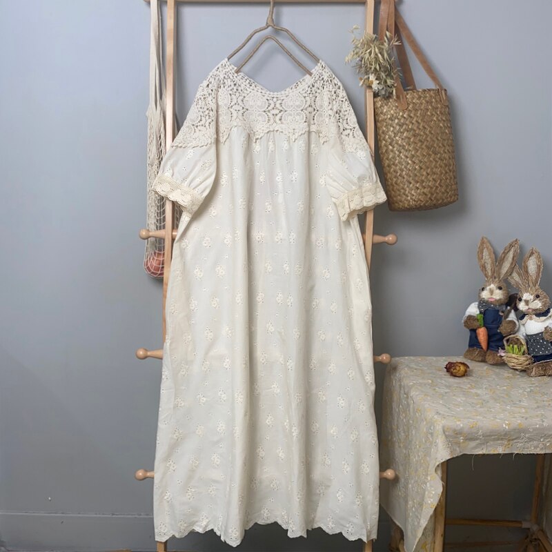 Spring Summer Japan Style Mori Girl Embroidery Hollow out Lace Dress Women O-Neck Short Sleeve Long Dresses alx