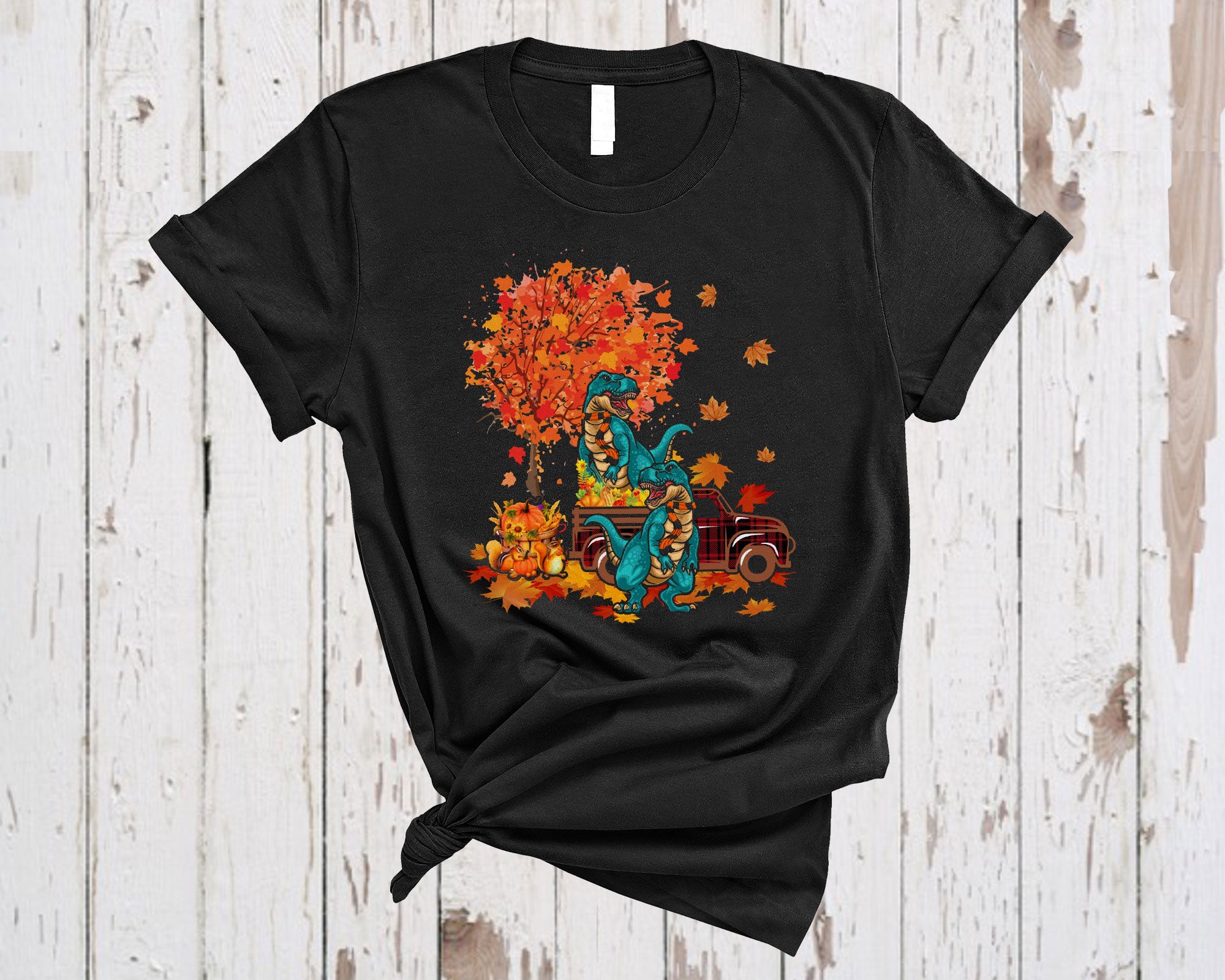 Thanksgiving T-Rex Shirt T-Rex On Red Pickup Truck Funny Fall Autumn Pumpkin Dinosaur T-Shirt