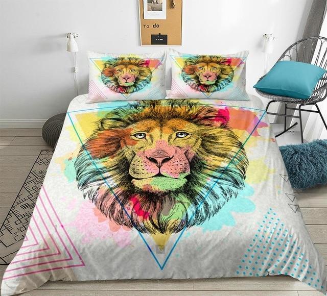 Watercolor Triangle Lion 3 Pieces Quilted Comforter Set