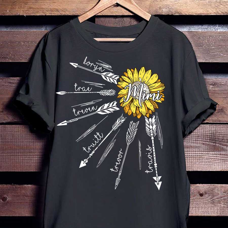 Personalized Sunflowers Mimi Arrow T Shirt, Nana Shirt, Sunflower Grandma Arrow Grandkid Names T Shirt