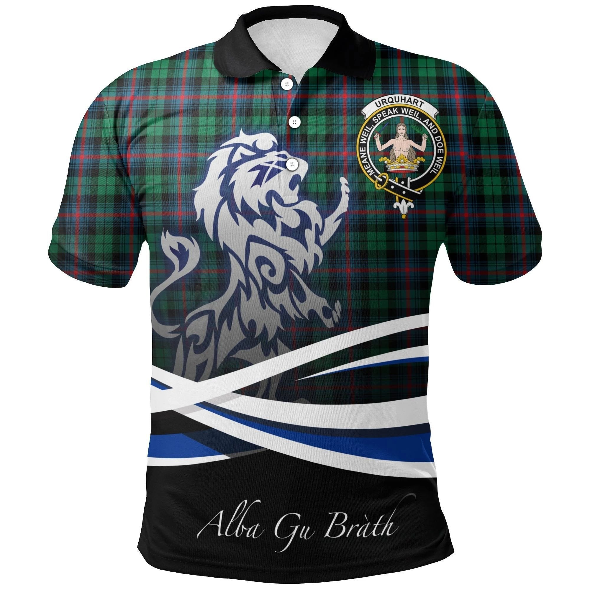 Urquhart Broad Red Ancient Clan Polo Shirt, Scottish Tartan Urquhart Broad Red Ancient Clans Polo Shirt Crest Lion Style