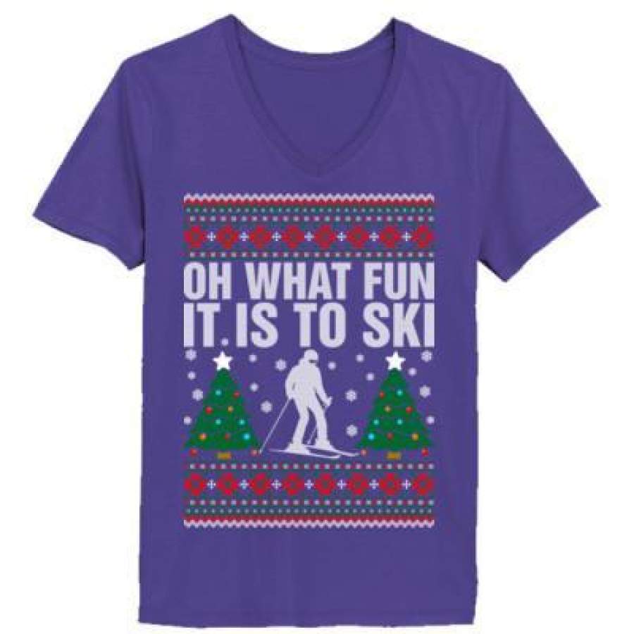 AGR Oh What Fun It Is To Ski Ugly Christmas Sweater – Ladies’ V-Neck T-Shirt