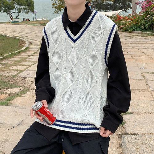 Sweater Vest Men Baggy All-match Preppy Stylish Students Ulzzang Japanese Clothing Handsome Ins V-neck Patchwork Teens Knitwear alx