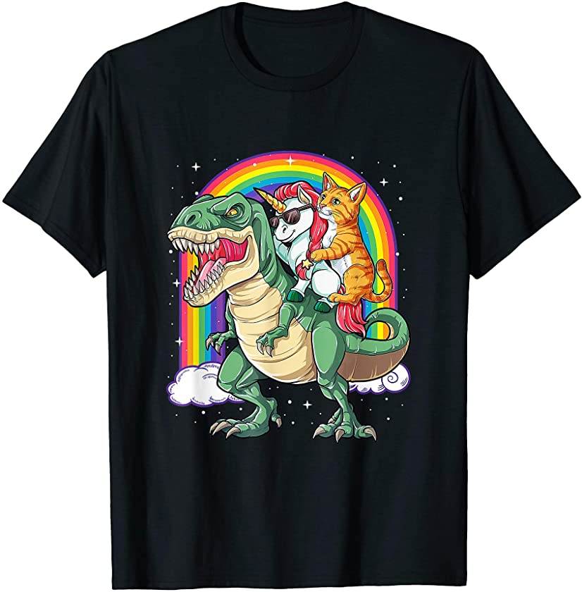 Dinosaur T Rex Unicorn Cat Kitten lover Space Galaxy Rainbow T-Shirt