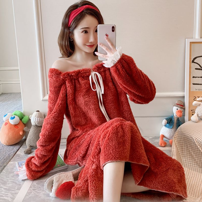 Autumn Winter Women’s Flannel Warm Nightdress Thickened One-Word Collar Mid-Length Home Wear Nightgowns Female Sleepwear Dress alx