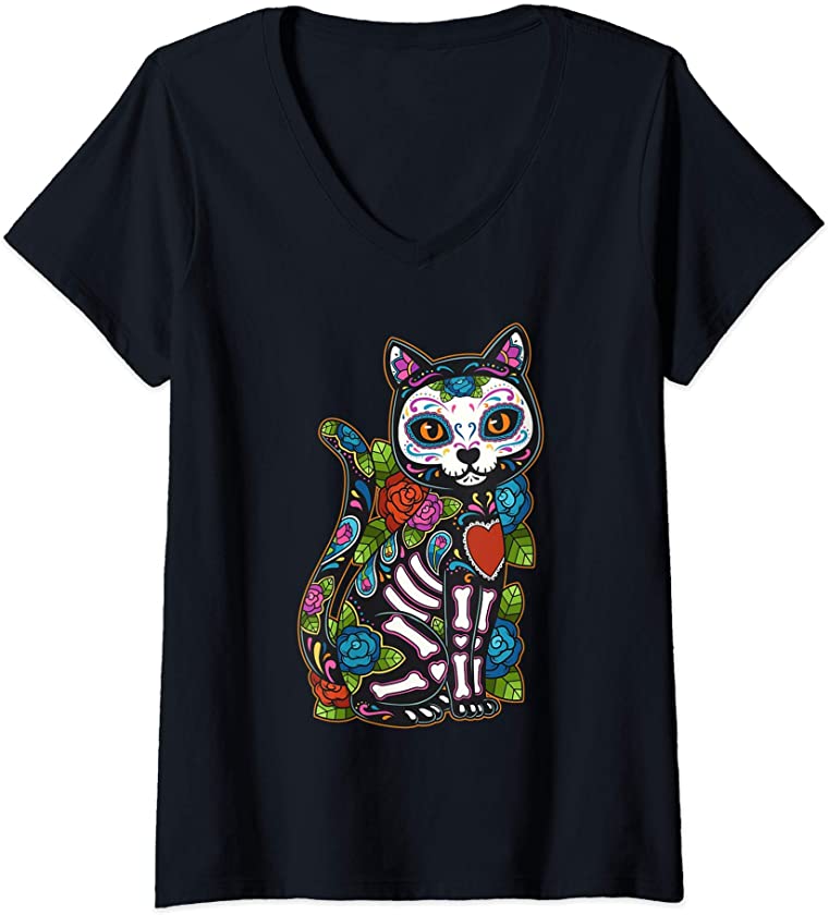 Womens Cat Sugar Skull Mexico Calavera Dia De Los Muertos Halloween V-Neck T-Shirt