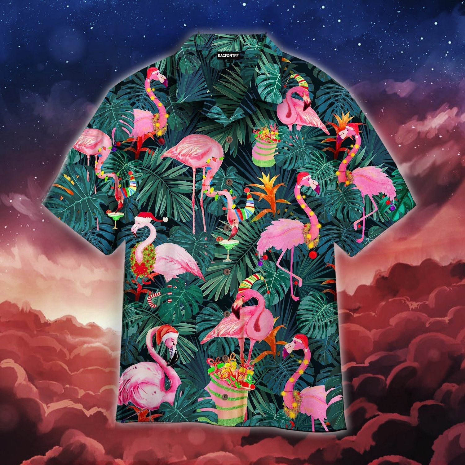 Pink Christmas Flamingo Hawaii Unisex Print Aloha Short Sleeve Casual Shirt Ha43310