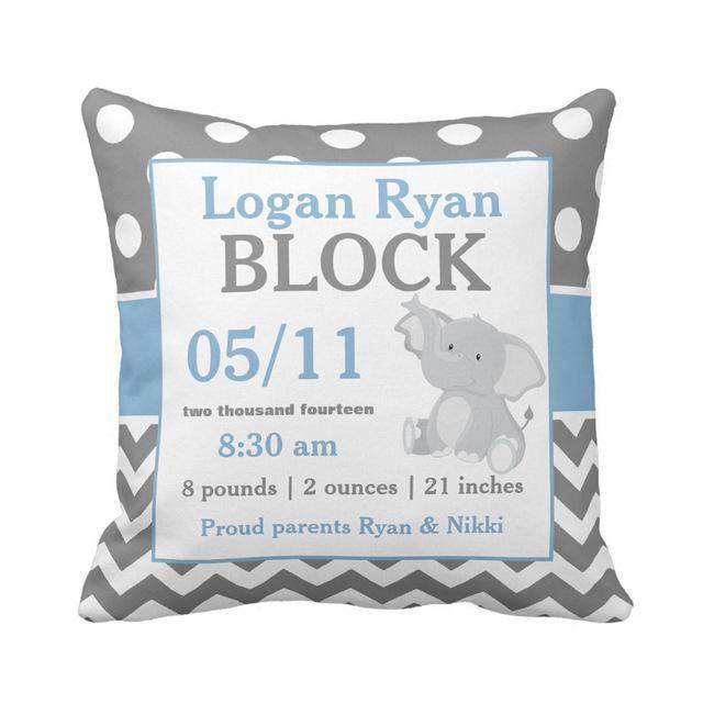 Personalized Baby Name Birth Stats Throw Pillow Cover – Elephant