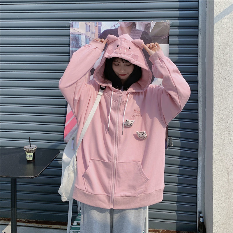 Women Kawaii New Spring Sweet Gothic Loose Pink Sweatshirt Hooded Sweatshirts Female Preppy Style Oversized Jacket Cute Tops Y2k alx