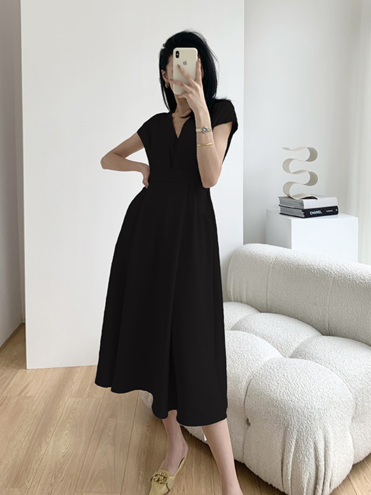 Vintage Loose Flying Sleeve V-neck Maxi Dresses for Women French Solid Fashion Beach Midi Dress Elegant Belt Office Lady Summer alx