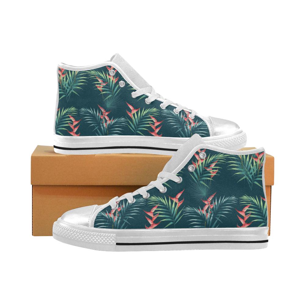 heliconia flowers, palm and monstera leaves on bla Women's High Top Shoes White POD Design By Facetotes Fashion Design by Facetotes Fashion