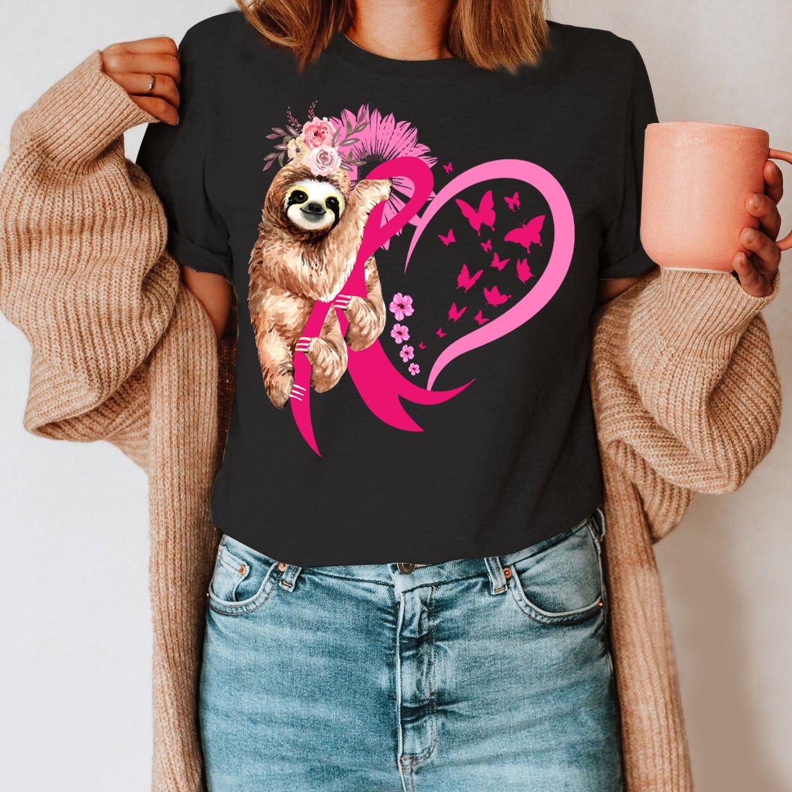 Sloth With Pink Heart Shirt – Breast Cancer Awareness T-Shirt Gifts For Mom Daughter Friends Hoodies Sweater Pink