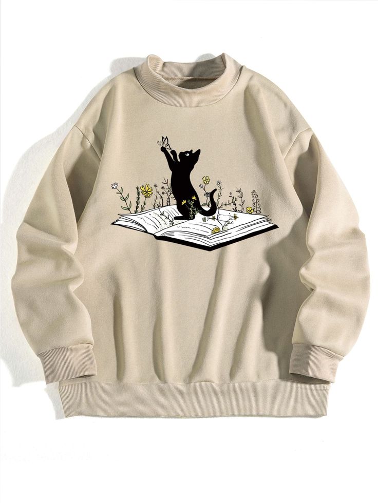 Cat Print Mock Neck Thermal Lined Sweatshirt