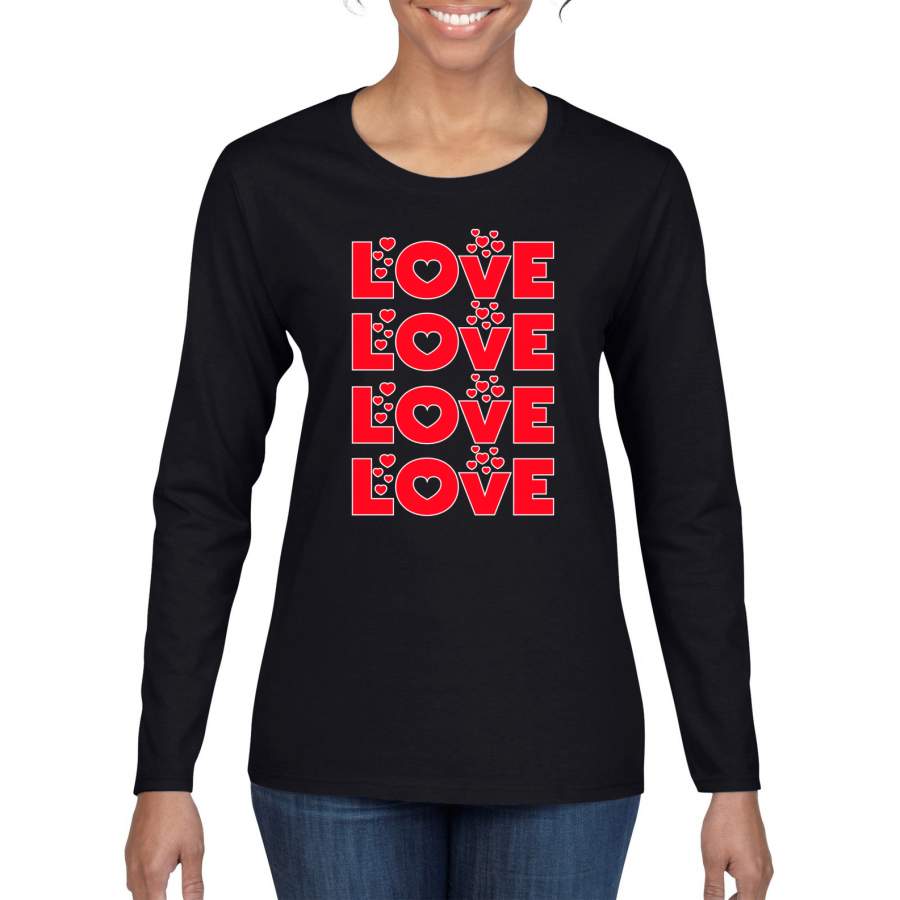 Love 4x Hearts Classic Vintage Valentine’s Day Womens Graphic Long Sleeve T-Shirt