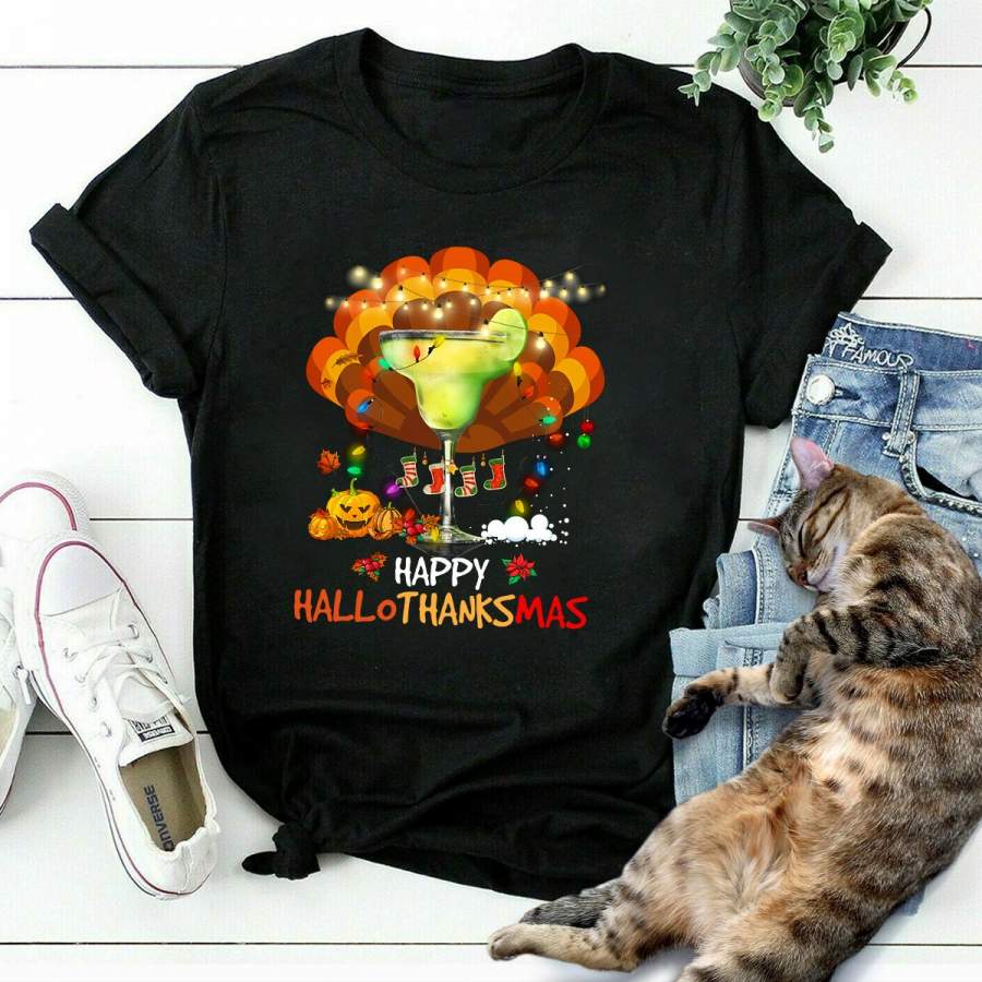 Wine margarita happy HalloThanksMas Halloween Thanksging Christmas black cotton t shirt for men and women S-6XL