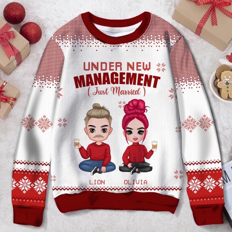 Under New Management Just Married, Personalized Custom Couple Ugly Christmas Sweater, Gift For Couple