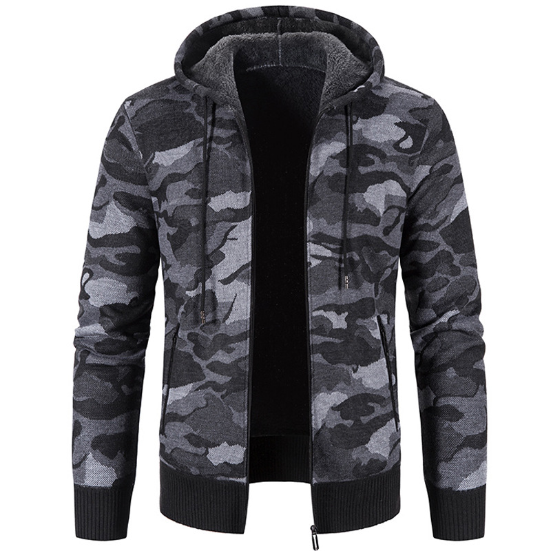 2022 Men’s Autumn and Winter Thickened Fleece Camouflage Sweater Hooded Cardigan Slim Knitted Sweater Warm Jacket alx