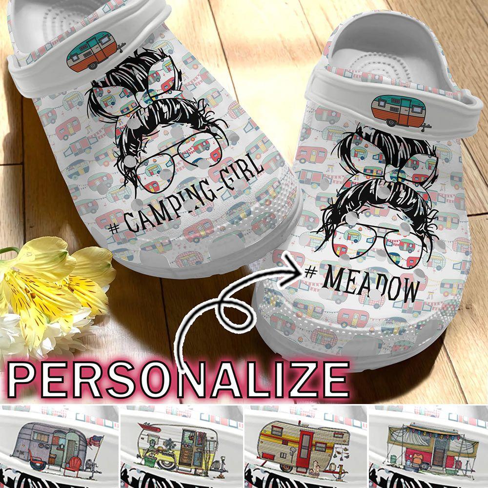 Camping Personalized Clog, Custom Name, Text Camping Girl, Fashion Style For Women, Men, Kid, Print 3D