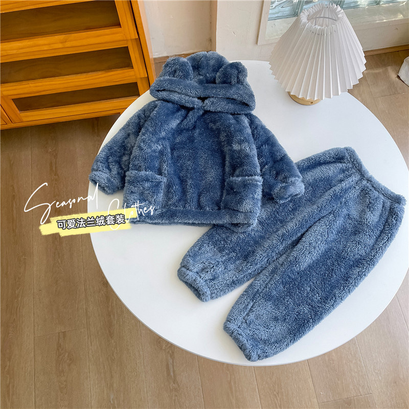 Winter Pajamas Boys Girls Plush Hooded Tops Children Solid Warm Home Wear Cute Bear Outfits New Thickened Sweatshirt +Trousers alx