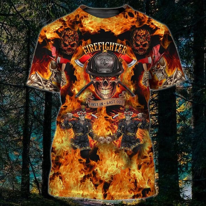 Skull Fire Pattern Firefighter 3D Shirt, First In Last Out, Skull Shirt