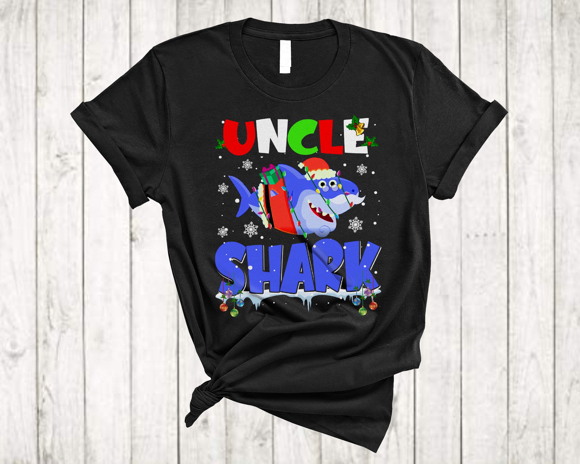 Christmas Shark Shirt Uncle Shark Cute Christmas Light Santa Shark Matching Family Group Gifts T-Shirt