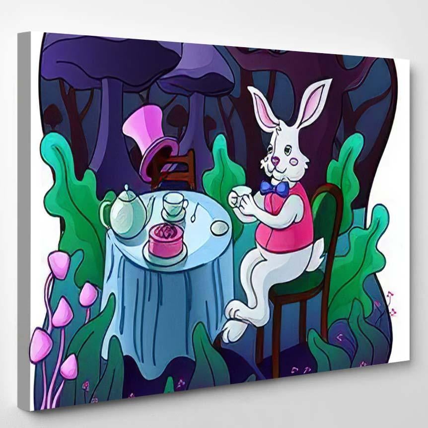 Cartoon Llustration White Rabbit Sitting Table – Fantastic Canvas Print