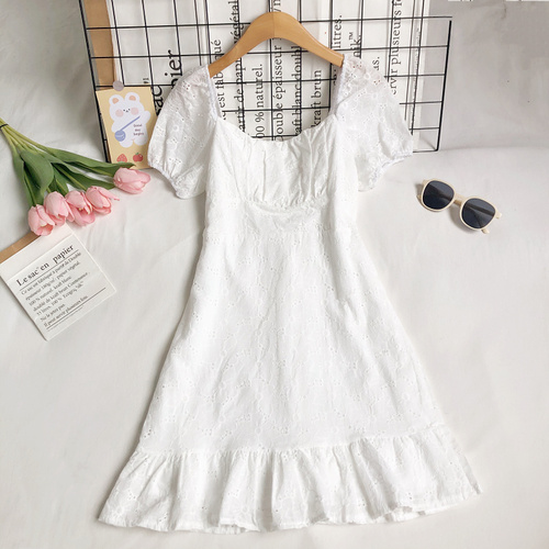 2021 summer new ladies retro square collar embroidery hollow fold short-sleeved slim ruffle dress women alx