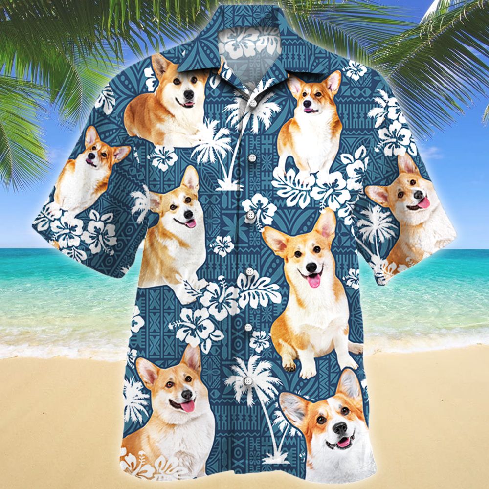 Welsh Corgi Dog Lovers Blue Tribal Pattern Hawaiian Shirt Ha6699