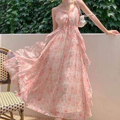 Korean Women Evening Dress Sweet Casual Floral Sexy Strap Backless Maxi Gown Party Beach Birthday Lady Girl Robe Femme Vestidos alx