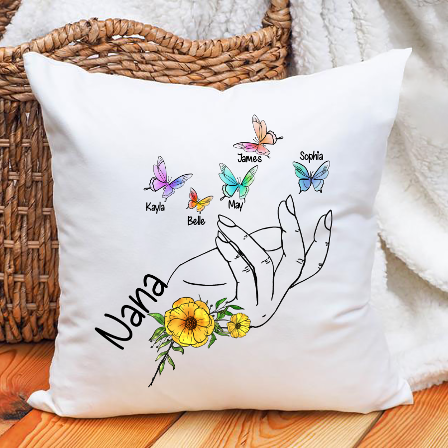 Grandma And Grandkids Flower Hands Butterfly Indoor Pillow