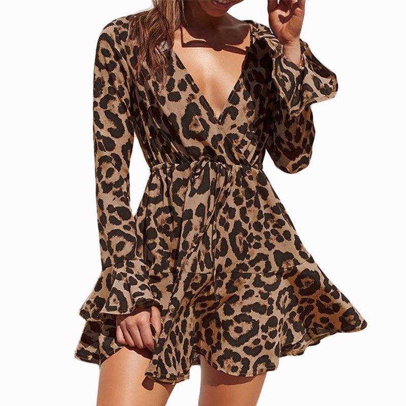 Vintage Leopard Dress Ruffle Long Sleeve Mini Dress