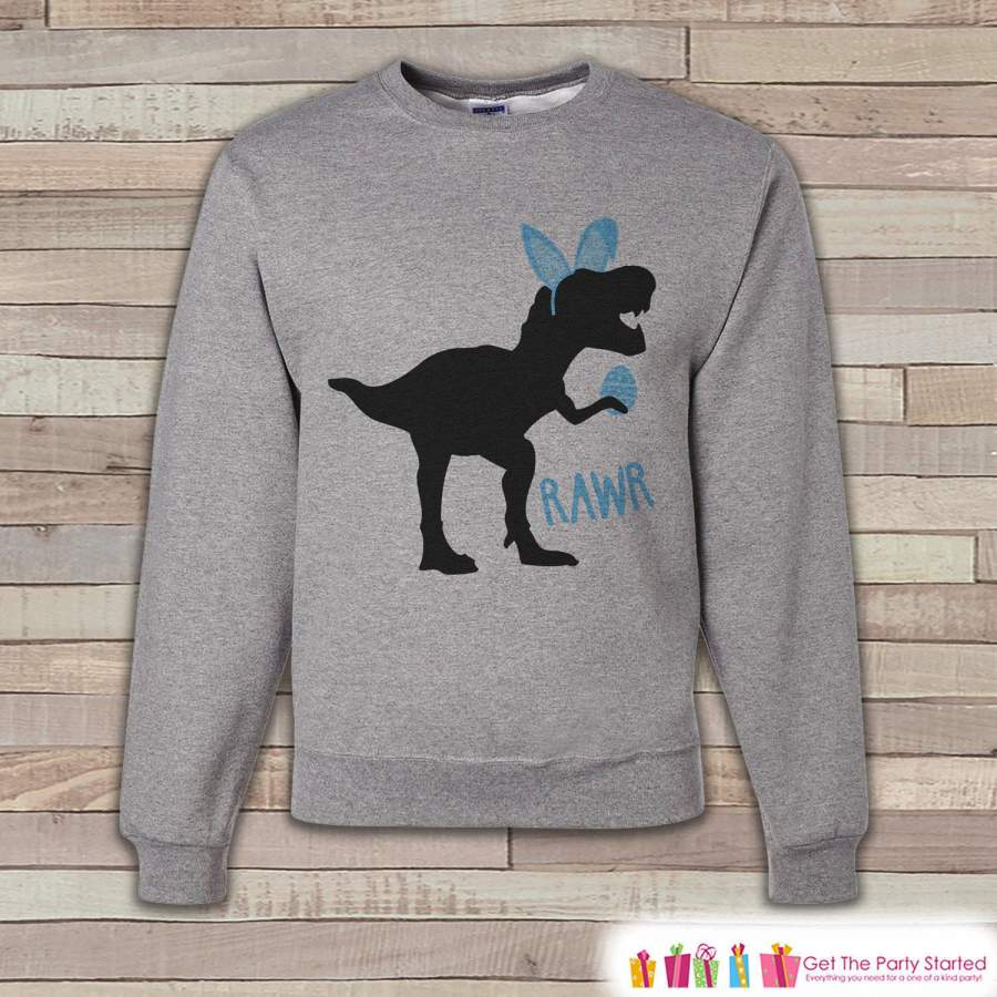 Adult Easter Shirt – Funny Easter Bunny Dinosaur Happy Easter Sweatshirt – Dino Blue Bunny Ears Easter Shirt – Easter Grey Men’s Sweatshirt