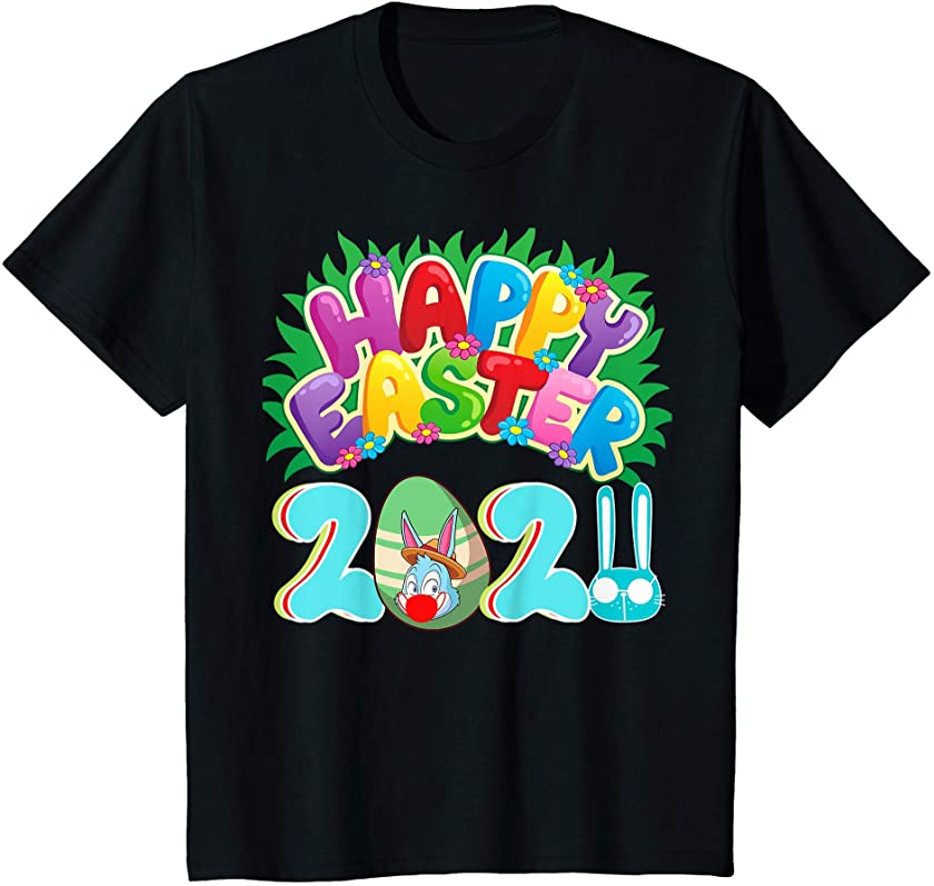 Kids Funny Happy Easter Day 2021 Bunny Colorful Egg Wearing Mask T-Shirt