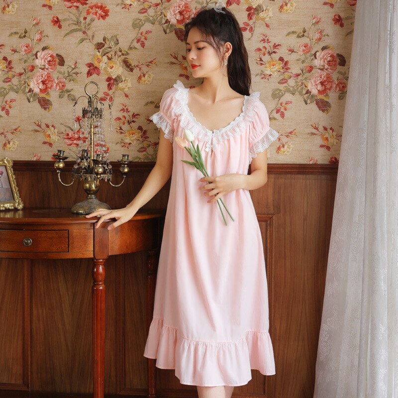 Vintage Cotton Night Dress Women White Pink Sexy Lace Short Sleeve Long Robe Peignoir Victorian Nightgowns Princess Sleepwear alx