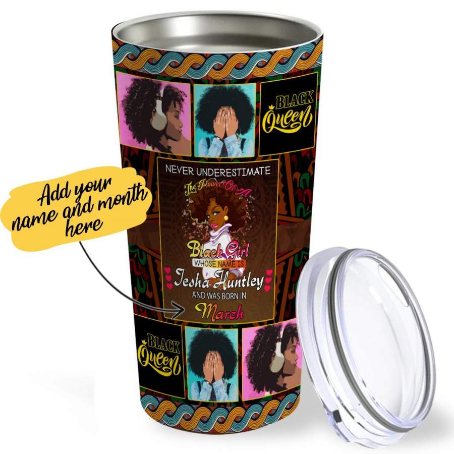 Personalized Custom Name Birth Month African American Black Girl Woman Stainless Steel Insulated Tumbler Cup 17oz/20oz/30oz