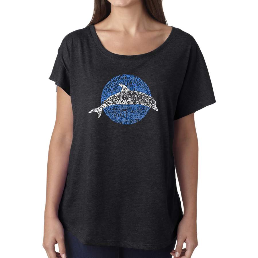 LA Pop Art Women’s Dolman Word Art Shirt – Species of Dolphin