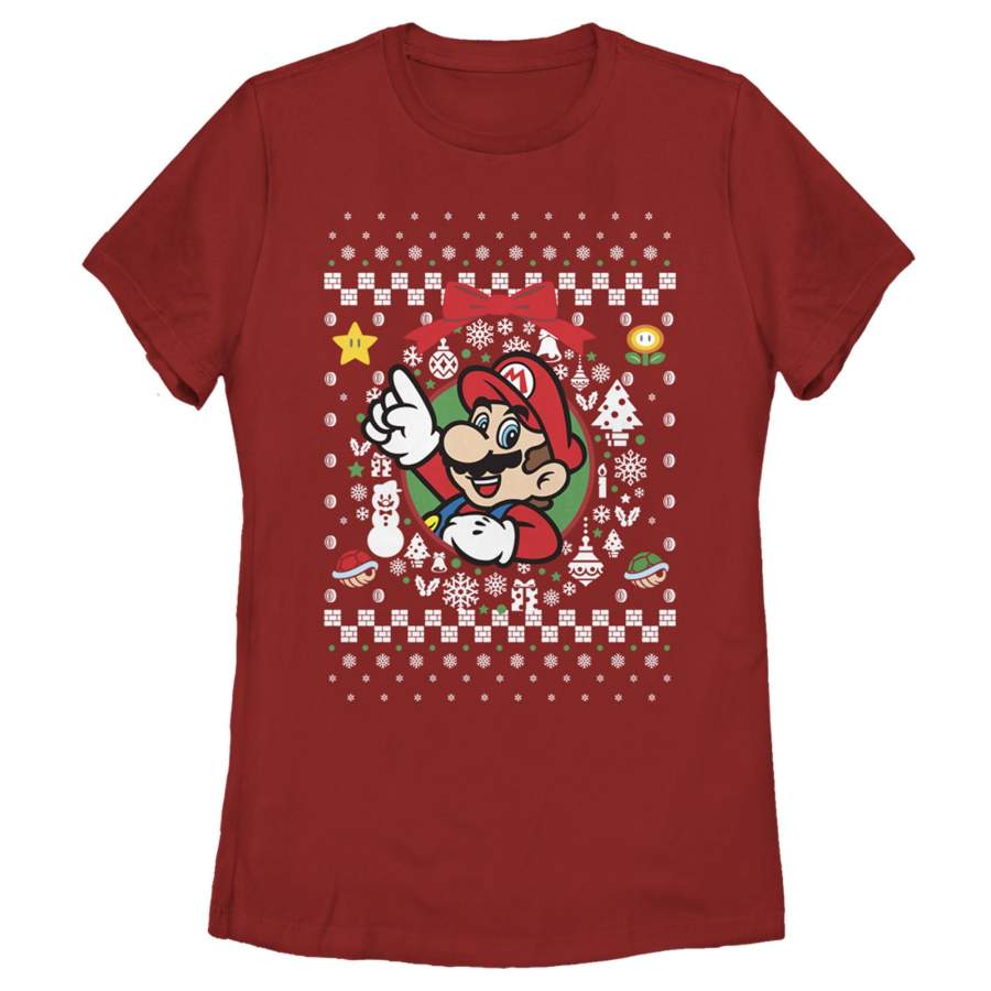 Nintendo Women’s Ugly Christmas Mario Wreath  T Shirt