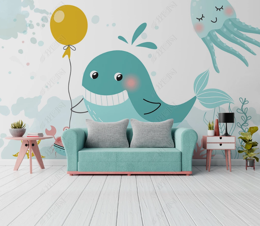 3D Hand Drawn Sea Dolphin Octopus Balloon Wall Mural Wallpaper Lqh 77