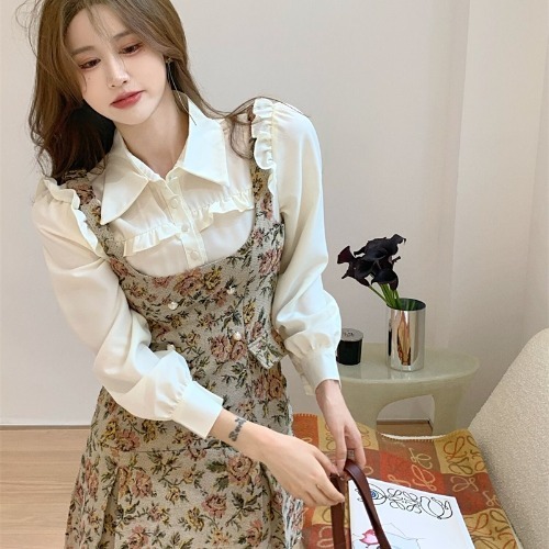 Vestidos De Mujer Girl Mini Jacquard Fake Two Piece Dress Women Puff Sleeve Shirt Floral Dress Japanese Long Sleeve Retro alx