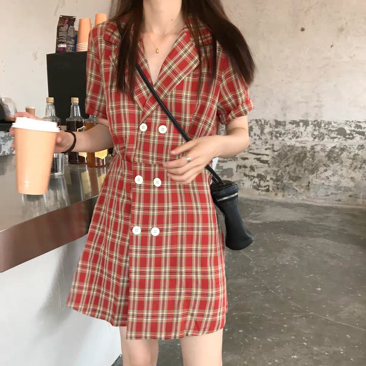 Suits Fashion Dress Tunics Linen Wrap Midi Sexy Women Dresses Casual Loose Short Plaid 2022 New Vintage Korean Summer Light Red alx