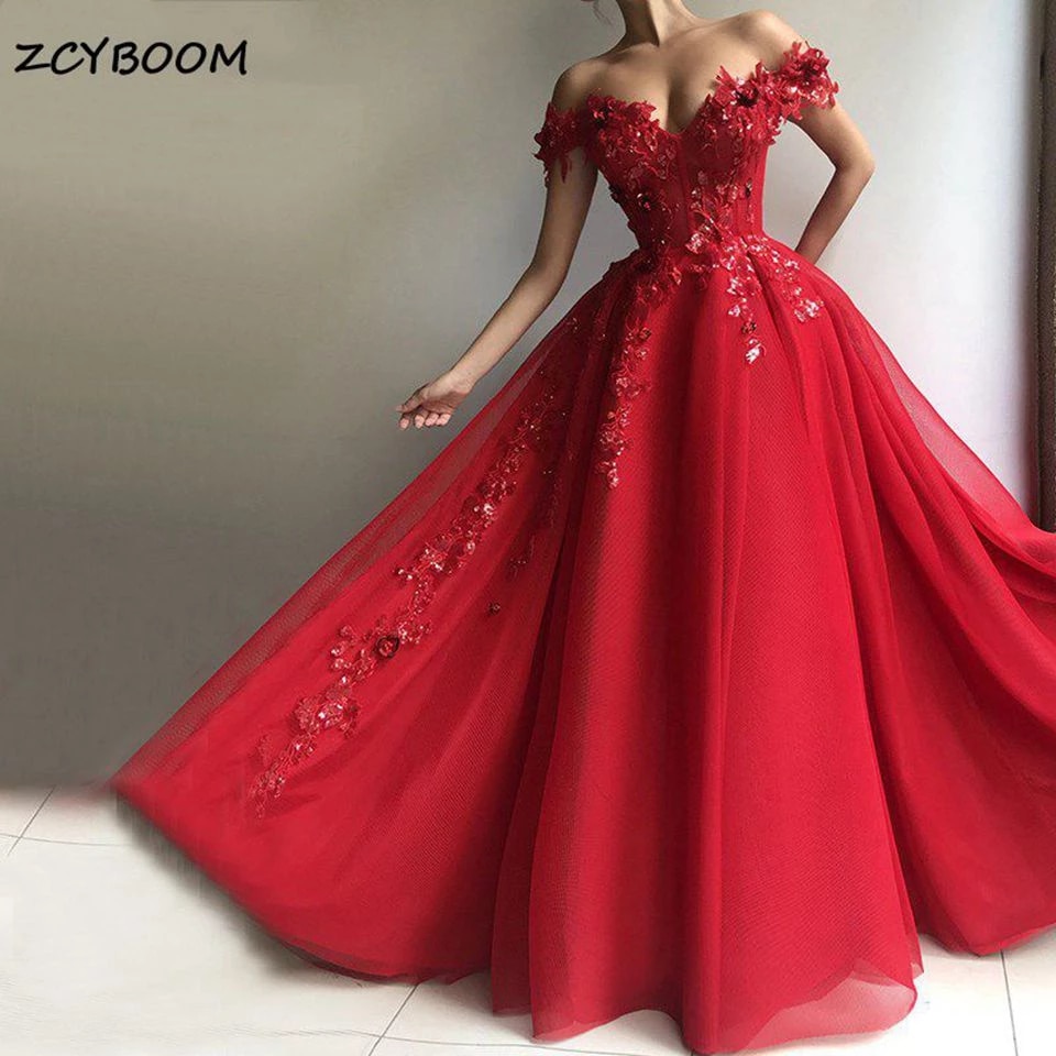 2022 Women Red Off The Shoulder Prom Dresses Formal Party Night Vestidos A-Line Appliques Sequins Tulle Elegant Evening Gowns alx