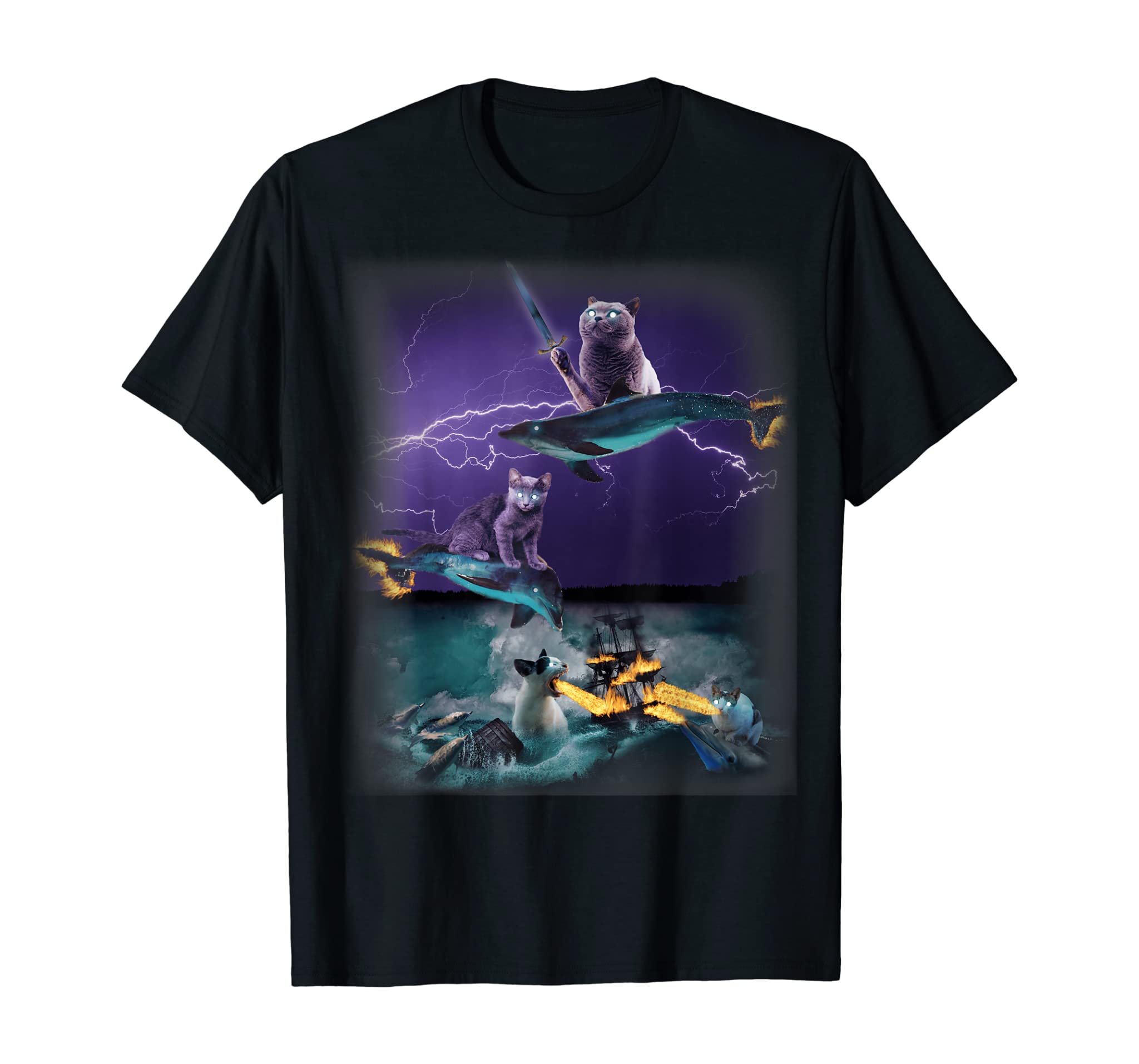 Cats Riding Fire Dolphins Wreaking Sea Havoc Awesome T-shirt